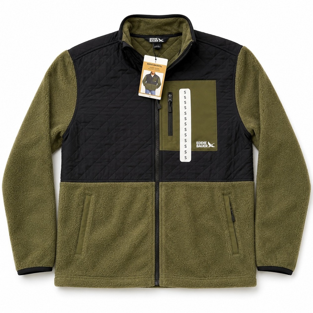 Eddie Bauer Fleece Jacket Mens Small Mixed Media‎ Green Black Full Zip NWT